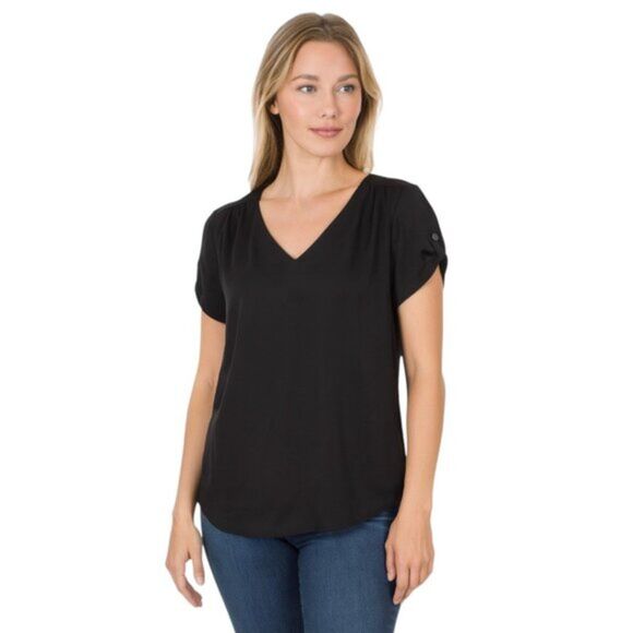 Lily Star X-Small Black Sheer Blouse Short Sleeve V-Neck High Low Hem - Picture 1 of 13